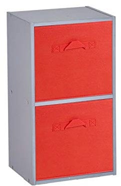 URBNLIVING Wooden Bookcase Grey 2 Tier + 2 Red Drawer
