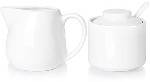 ONTUBE Porcelain Sugar and Creamer Set of 3,Cream Pitcher, Spoon, Sugar Bowl with Lid,Cream (White)