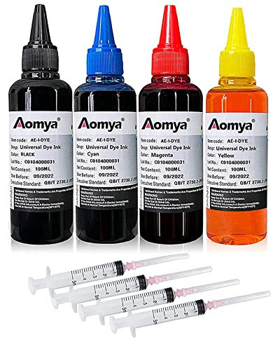 Aomya 400ml Universal Dye Ink in Bottles Refill Kit for HP Canon Epsn Brother Lexmark Printers Compatible Cartridges Refillable Cartridge CISS System 4 Color Set with 4 Free Syringes (BK, C, M, Y)