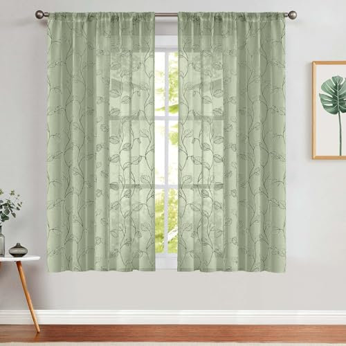 TOPICK Sheer - Tenda in voile, con foglie, ricamata, trasparente, verde, foglie, per soggiorno, camera da letto, 140 x 145 cm, set da 2 pezzi