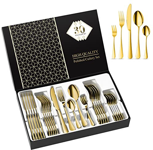 Aoeeppa Juego de Cubiertos Acero Inoxidable 30 Piezas, Cubertería de Mesa para 6 Personas, Pulido Espejo, Set Cubiertos con Cuchillo, Tenedor, Cuchara, Cucharilla, Tenedor Postre (Oro)