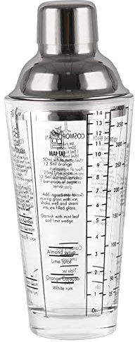JNWINOG Shaker à cocktail en verre, shaker à martini avec recettes sur le côté, shaker à boissons mixtes avec tasse en verre, outil de bar professionnel avec échelle, kit de barman débutant pour