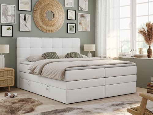 MKS MEBLE King Boxspringbett Weiß 180x200, Polsterbett 180x200 mit Bettkasten, Bett 180x200 mit Multipocket-Matratze H4, Boxspringbett 180x200 mit Kopfteil und Topper - H4 Weiß Kunstleder - Luka