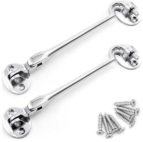 onesto Pack 2 Chrome Cabin Hook | 150mm Cabin Door Hook and Eye Latch | Eye Silent Catch Door Latch Holder with Screws | Chrome Door Hook Lock for Window, Garden Gate & Door | (Silver, 150mm)