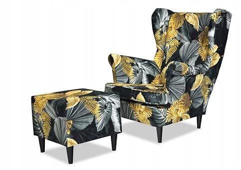 Family Meble Ohrensessel mit Hocker, Modell Print, Skandinavisch, Relaxsessel aus Webstoff, Loungesessel, Ohrensessel mit Hocker, Bequemer Sessel, Für Wohnzimmer, Esszimmer, Schlafzimmer, Dachte 13