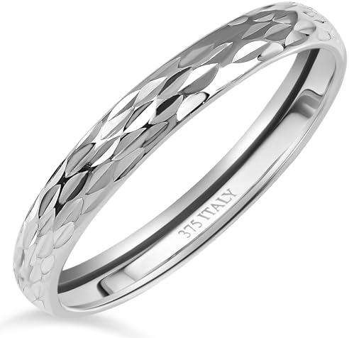 TJC 9ct Italian Gold Wedding Band Promise Rings for Women Diamond Cut 2mm | Stackable 9K Solid Fine Yellow/White Gold Unisex Engagement & Anniversary Court Thumb Band Ring for Men & Women