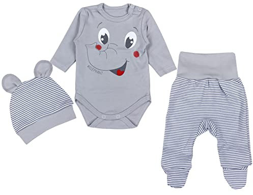 TupTam Baby Mädchen Jungen Bekleidungsset Langarmbody Hose Mütze mit Aufdruck Spruch 3 teilig, Farbe: Elefant Grau, Größe: 50