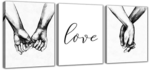 BLUE RED CYAN Black & White Love Prints Hand In Hand Wall Art Framed 3 Pieces Aesthetic Pictures Minimalist Shadow Love Artwork 12x16 Inches Decoration Couples Paintings Home Room Bedroom Decor