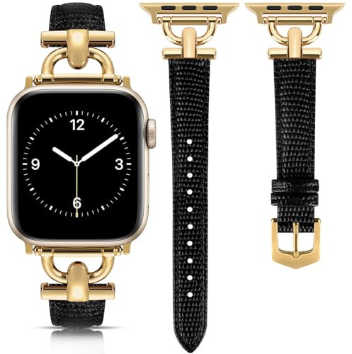 mxiixnai Lederarmband Kompatibel mit Apple Watch Armband 49/46/45/44/42mm Damen, Schlank Elegant Armbänder für iWatch Serie Utra 2/1 SE 10 9 8 7 6 5 4 3 2 1,Eidechse Schwarz/Gold
