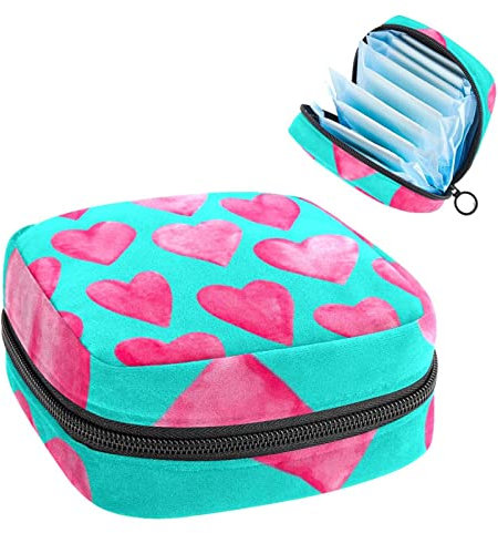 Borsa da donna per assorbenti igienici, borsa da donna per coppette mestruali, borsa portatile per tamponi ad acquerello con cuori per ciclo mestruale con cerniera, Multicolore, 4.7x6.6x6.6