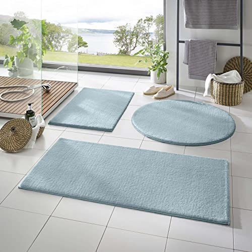 Taracarpet Badematte Fiona rutschfest waschbar Badezimmerteppich sehr weich und als Set kombinierbar Uni hellblau 080 cm rund