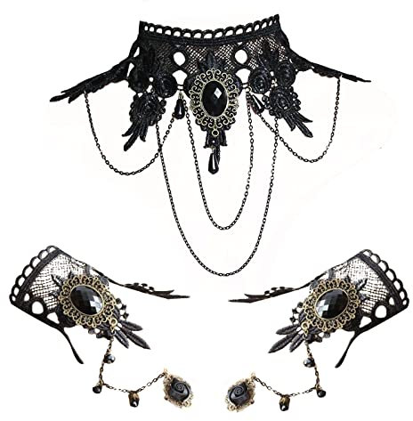 TSHAOUN 3 PCS steampunk necklace,gothic jewellery,Lace Necklace with Bracelet Set Lolita Retro Bracelet Wristband for Women,Punk Party Gothic Vintage Handmade,Halloween,Court Party (3 PCS)