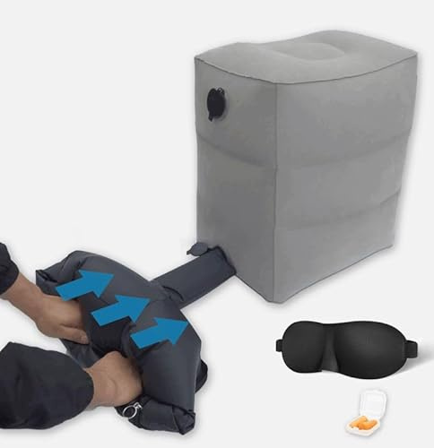 DAWNTREES Inflatable Foot Rest Pillow with Pump, Airplane Footrest, Grey | 1 Pack Travel Footrest, Built-In Pump, 3 Heights and Soft Flocked Surface for Airplane, Train, Car, Office and Home