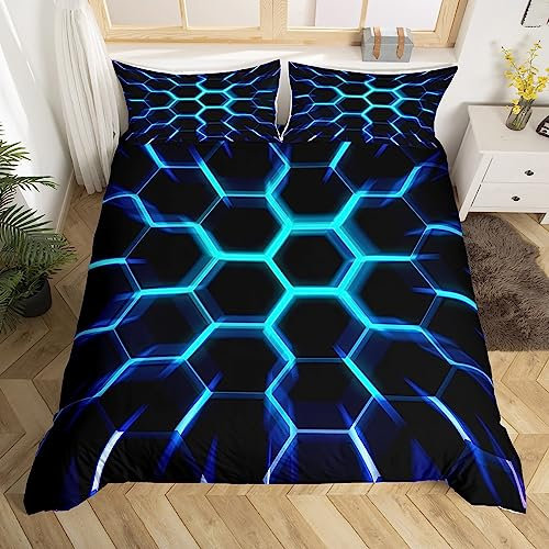Honeycomb Bedding Set Black Blue 3D Geometric Beehive Hexagon Duvet Cover King Gamer Room Decor for Boys Kids Men,Teal Neon Light Geometrical Honeycomb Comforter Cover Glowing Hexagonal Bed Set
