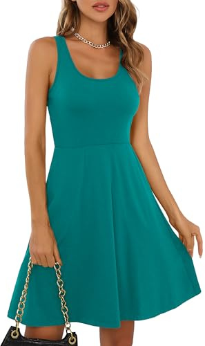 Missufe Skaterkleid Sommerkleid Rockabilly Kurzes Freizeitkleid Damen Minikleid Tank Kleider (Türkis, Klein)