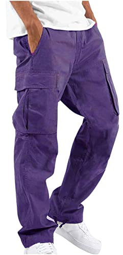 Cargohose Herren mit Taschen Casual Hohe Taille Einfarbig Loose Fit Cargohose Herbst Winter Sport Wandern Weihnachten Trekkinghose Classic Workout Outdoor Hosen Für Herren A-Lila S