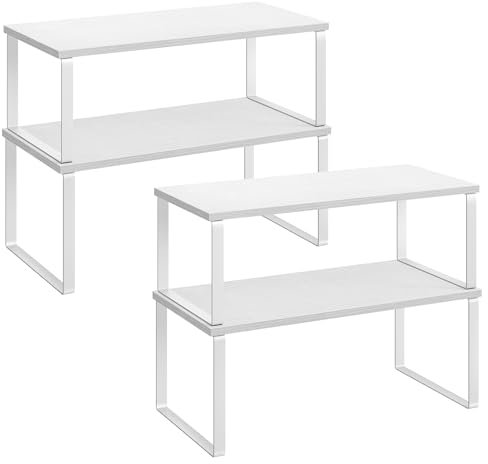 SONGMICS Schrank-Organizer-Regal, 4er-Set Küchenthekenregale, Küchenaufbewahrung, Gewürzregal, stapelbar, erweiterbar, Metall und Holzwerkstoff, Wolkenweiß und Schneewittchen UKCS028W01