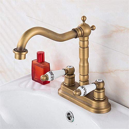 RajoNN Antique Basin Copper Double-Hole Bathroom Sink Double-Hole Washbasin Rotary Single-Handled Cold and Hot Water Mixer,Two