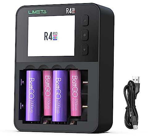 LIMETA R4EVO - Cargador Inteligente para Pilas Recargables AA/AAA con Carga Rápida USB, Compatible con Baterías Li-ion, NiMH, NiCd, LiFePO4 (18650, 10440, 26650) - Funciones de Descarga y Reactivación