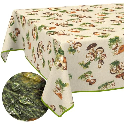 Tischdecke Stoff abwaschbar Tischtuch Tafeldecke pflegeleicht Lotuseffekt schmutz- & wasserabweisend für Indoor Outdoor Tischdecke 220x140cm mit Saum (Eingefasst) Pilze