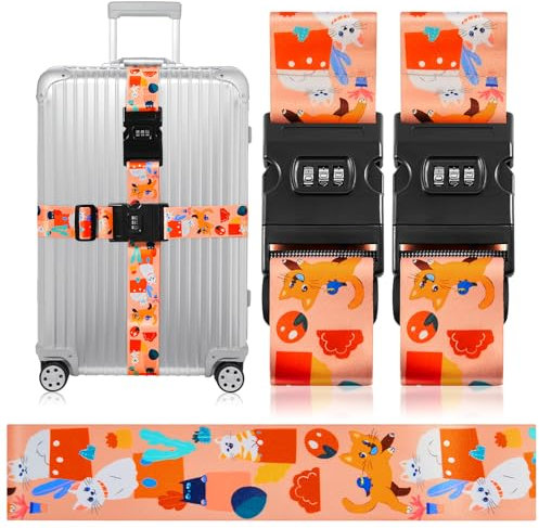 Saiwiimody Koffergurt mit Zahlenschloss 2 Stück Auffällig Kofferband mit Schloss Kreuzgurt Einstellbare für 18-32inch Reise Koffer Gepäck Reisetasche Schnell Erkennen, 5x200cm (Katzen)