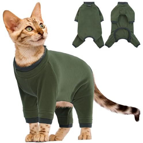 Katze Kleidung, Katzenbody Nach Op Postoperative Kleidung für Katzen Body Operation Recovery Anti-leckende Langarm 4 Beine Einteiler Katzenbekleidung Shirts 4-beinige(ArmeeGrün, L)