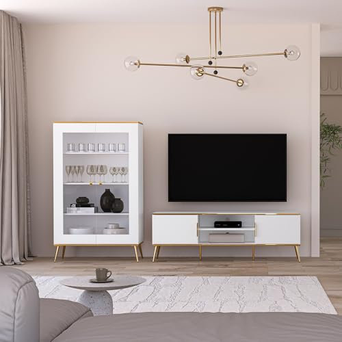 Wohnwand Set 2-teilig Vitrinenschrank Lowboard Fernsehschrank weiß mit goldfarbenen Details modern