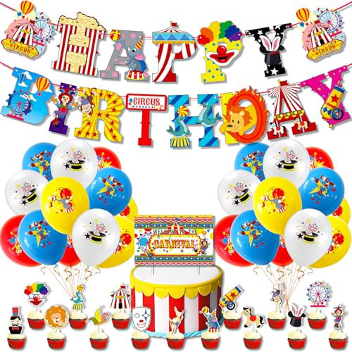MORAINJAY Lot de 43 décorations de fête d'anniversaire de cirque avec ballons de cirque, bannières, décorations de gâteaux pour enfants sous le grand sommet