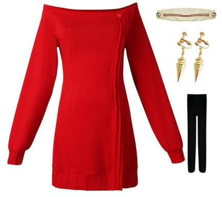 Cyborey Anime Kostüm Strickpullover Rot Damen Komplettes Set mit Stirnband und Ohrringen Halloween Karneval Cosplay Uniform