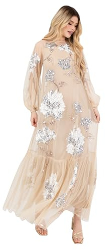 Maya Deluxe Women's Maxi Dress Ladies Long Sleeve Boat Neck Sheer Tulle Floral Sequin Embellished Trapeze Evening Prom Ball Gown, Champagne 10