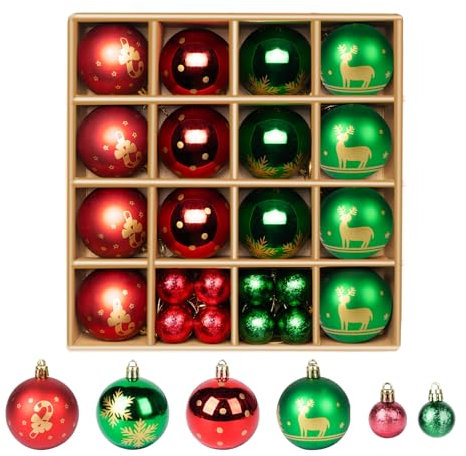 Weihnachtskugeln Rot und Grün Set,30 Stück Kunststoff Christbaumkugeln Set,6cm und 3cm, bruchsicherer Weihnachtsbaumschmuck für Innen und Außen, inklusive Aufhängebändern für Festival Dekore