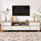 MSMOK Mueble de TV de color blanco y madera con compartimentos y puertas de estilo rústico natural.