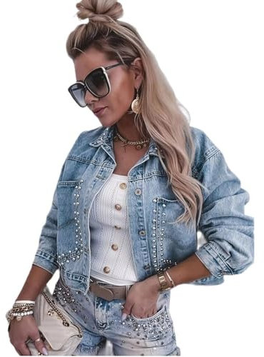 Lässige Jeansjacke Für Damen – Retro-Jeansjacke Mit Nieten Und Knopfleiste, Langärmelig, Kurzer Mantel, Sommerjacke Mit Schmaler Passform, Oberbekleidung, Blau, S