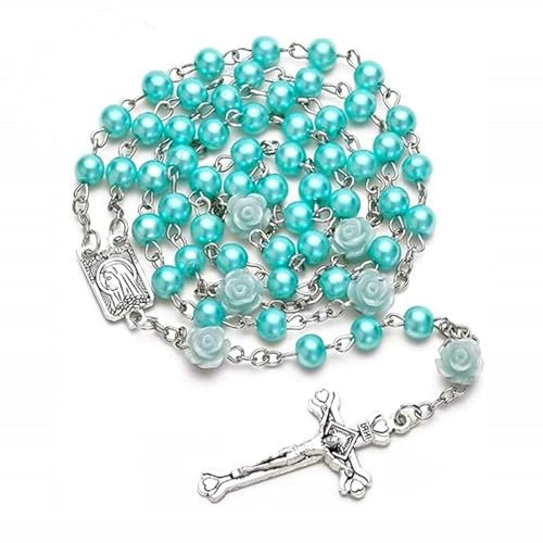 Kuesn Amethyst Catholic Rosary Necklace 6mm Purple Pearl Beads Rose Flower Cross Religious Necklace (Sky Blue)