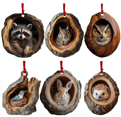 6 Stück Weihnachten Acryl Tier Dekors, Christbaumschmuck, Animal Christmas Ornaments, Waldtiere Dekoration, 2D Anhänger, Lustige Tier Anhänger Für Tierliebhaber