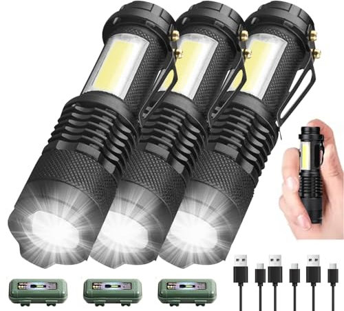 POCKETMAN 3 Stück Mini LED Taschenlampe mit Clip,3 Lichtmodi,Zoombar,Superhelle COB Seitenlicht,USB-Aufladung,Wasserdicht Kompakt Taschenlampe für Outdoor,Notfälle,Camping, Angeln