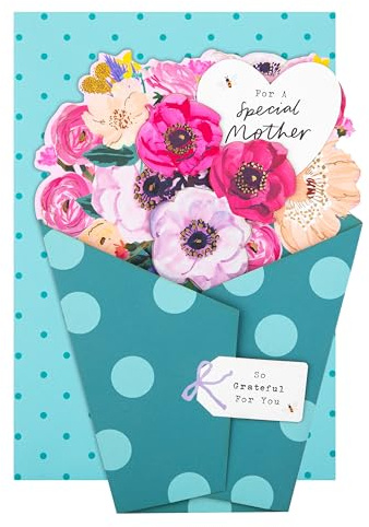 Hallmark Mother's Day Card for Mother, Fold-Out Bouquet of Flowers Design | Pink, Blue & Turquoise Colours, Die Cut with Metallic Gold Foil, Measures H22.8cm X W15.9cm, Turquoise Patterned Envelope