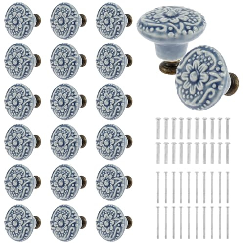 NIHUIFDPY 20Pcs Ceramic Pull Knobs Set Vintage Cabinet Knobs Decorative Kitchen Furniture Pull Handle with Screws 3.4cm Round Antique Cupboard Door Dresser Knob for Wardrobe Home Interior Décor(Blue)
