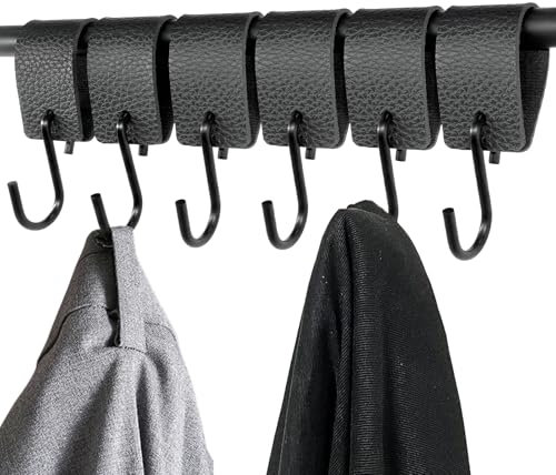 Alethron Haken für Kleiderstange 6 Stück S Haken mit Lederschlaufe Schwarz Garderobenhaken Metall Haken Lederschlaufe für Kleiderhaken Stange Garderobenstange