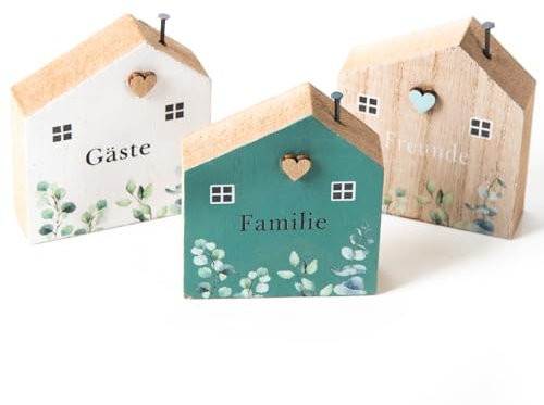 Logbuch-Verlag 3 kleine Holz Häuser Familie Glück Freude Deko Häuschen zum Hinstellen Eukalyptus Ostern Geschenk Set 8 cm grün weiß
