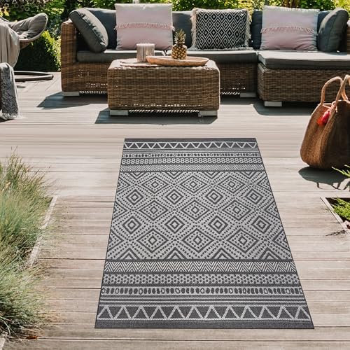 Teppich-Traum Teppich Wohnzimmer Gästezimmer Terrasse Garten Wintergarten In- & Outdoorteppich in modernem Boho-Design und Geometrischen Mustern in Anthrazit Creme 80 x 150 cm