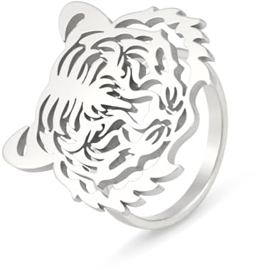 EUEAVAN Tiger Head Ring Lion Statement Ringe Gothic Tribal Tiger Amulett Natur Wald Jäger Gothic Wikinger Schmuck Tierliebhaber Geschenk Frauen Männer (silber, 11)