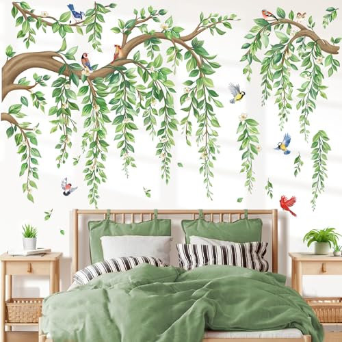 wondever Adesivi Murali Foglie Verdi Rami Albero Grande Sticker da Muro Fiore Bianco Vite Appesa Piante e Uccelli Adesivi da Parete per Soggiorno Camera da Letto Ufficio