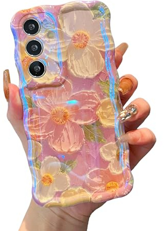 XIZYO Ölgemälde Blume Hülle für Samsung Galaxy S25, Rosa | Ästhetische Bunte Retro Floral Muster, Niedliche Lockige Wellenform, Laser Glitzer, Stoßfeste Kratzfest, Luxus Mädchen