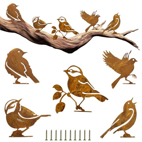 WanderGo 5 Stück Rostdeko Gartendeko Gartenstecker Vögel Deko Rost Gartendekoration mit 10 Schrauben Rostdeko Gartendeko für Draußen Metall Roststecker