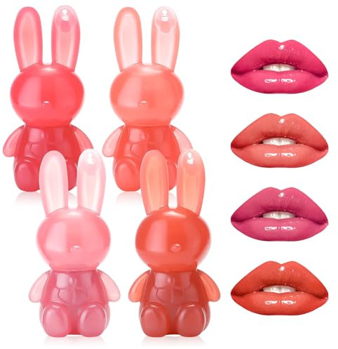 4 Colours Lipgloss Schlüsselanhänger, Bunny Lipgloss, Rabbit Lüster Lipstick Set, 2 in 1 Schlüsselanhänger Hase lipgloss, Wasserdicht, Antihaftbeschichtet, Verblasst Nicht Leicht Lippenstift