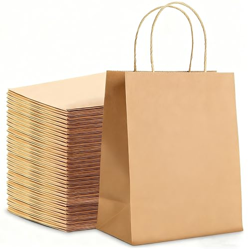 GIFTFEEL Braune Geschenktüten aus Kraftpapier, klein (18 x 22 x 8 cm), 120 g/m² Papiertüten mit Griffen, hält 4,5 kg, inklusive DIY-Dankeskarten und Blumendekorationen, ideal für Partys, Hochzeiten