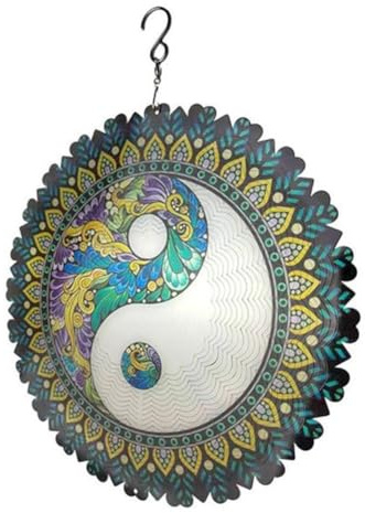 Flaroey 3D Colorful Iron Wind Chime, Mandala Pattern 3D Rotating, Wall Hanging Decorative Art Windmill Home Decoration H
