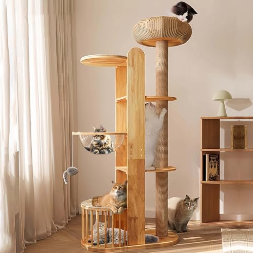 190cm Kratzbaum Modern XXL für Große Katzen Stabil,Kletterbare Sisalstangen | Katzenbaum Holz mit 3 Plattformen, Transparente Hängematte, Rattan-Korb, Höhle, Abnehmbare Waschbare Polster, Kippsicher