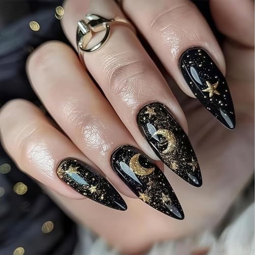 Zimocepuz French Medium Almond Shaped Press On Nails, 24 Pieces, Gyaru Style Gold Glitter Starry Sky Press On Nails, Everyday Wear, Naturally Reusable